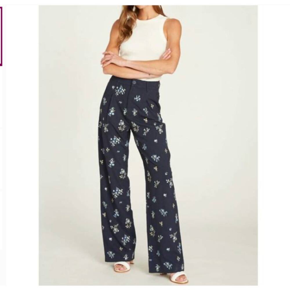 NWT Driftwood Embroidered Navy Floral Pants NEW pinstripe wide leg trousers XL L